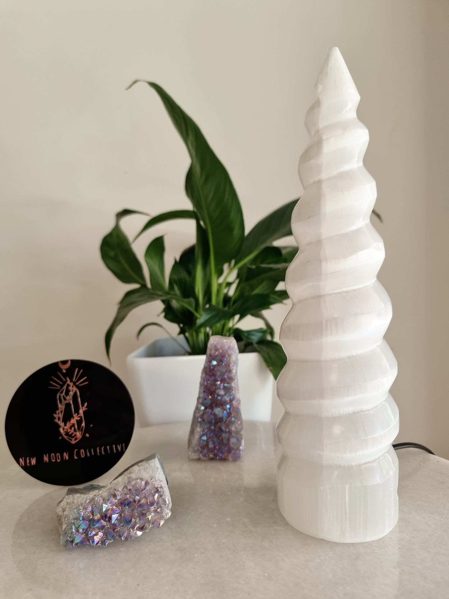 Spiral Unicorn Selenite Tower Lamp