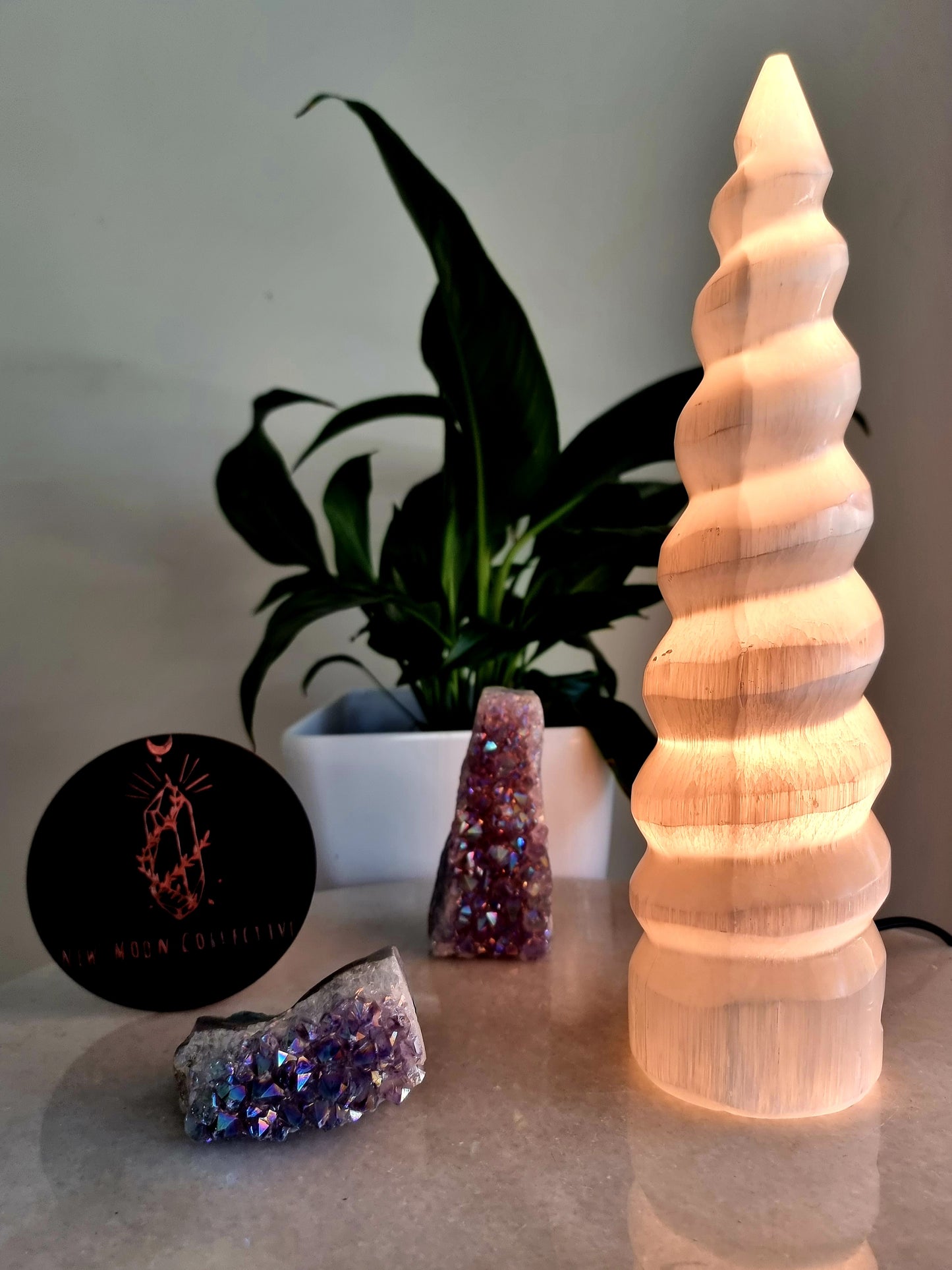 Spiral Unicorn Selenite Tower Lamp